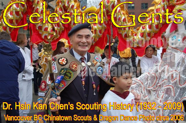 Dr. Kan Chen, reknowed Scout Troop leader and supporter in MetroVancouver BC 50 years of history, this photo is him with his cloak of badges in Vancouver Chinatown during a Dragon Dance , see figure in the background